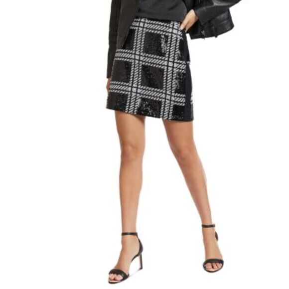 Ted Baker 4 Black White Hoopss Checkered Sequin Mini Skirt Size 12 US Windowpane - Picture 1 of 16